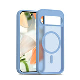 Light blue, clear back phone case with a magnetic ring.