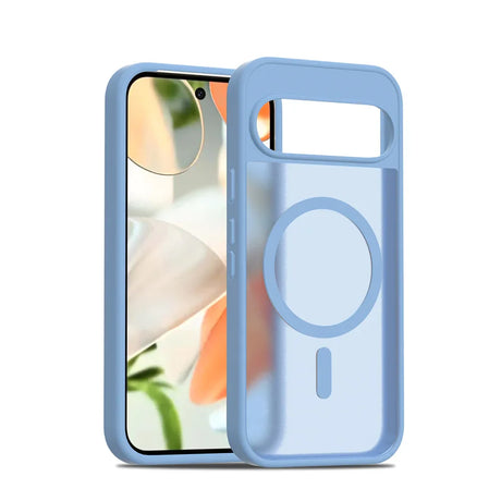 Light blue, clear back phone case with a magnetic ring.