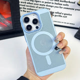 Light blue iPhone case with a MagSafe charging ring and triple camera cutout.