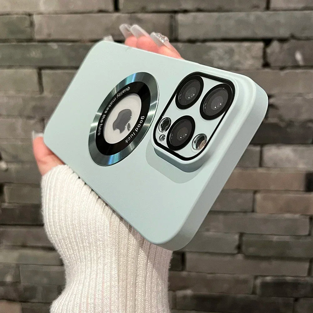 Light blue iPhone case with a magnetic ring and camera lens protection.
