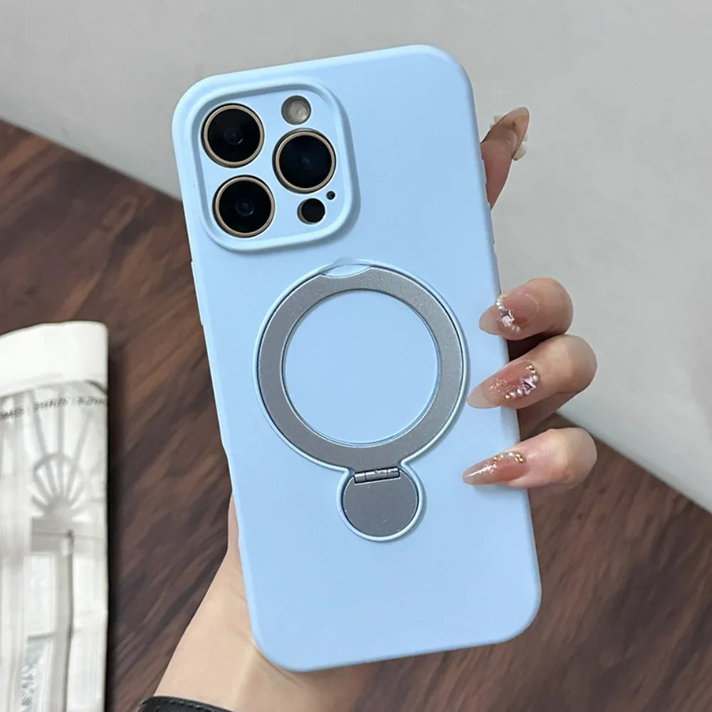 Light blue iPhone case with a silver ring holder and stand.