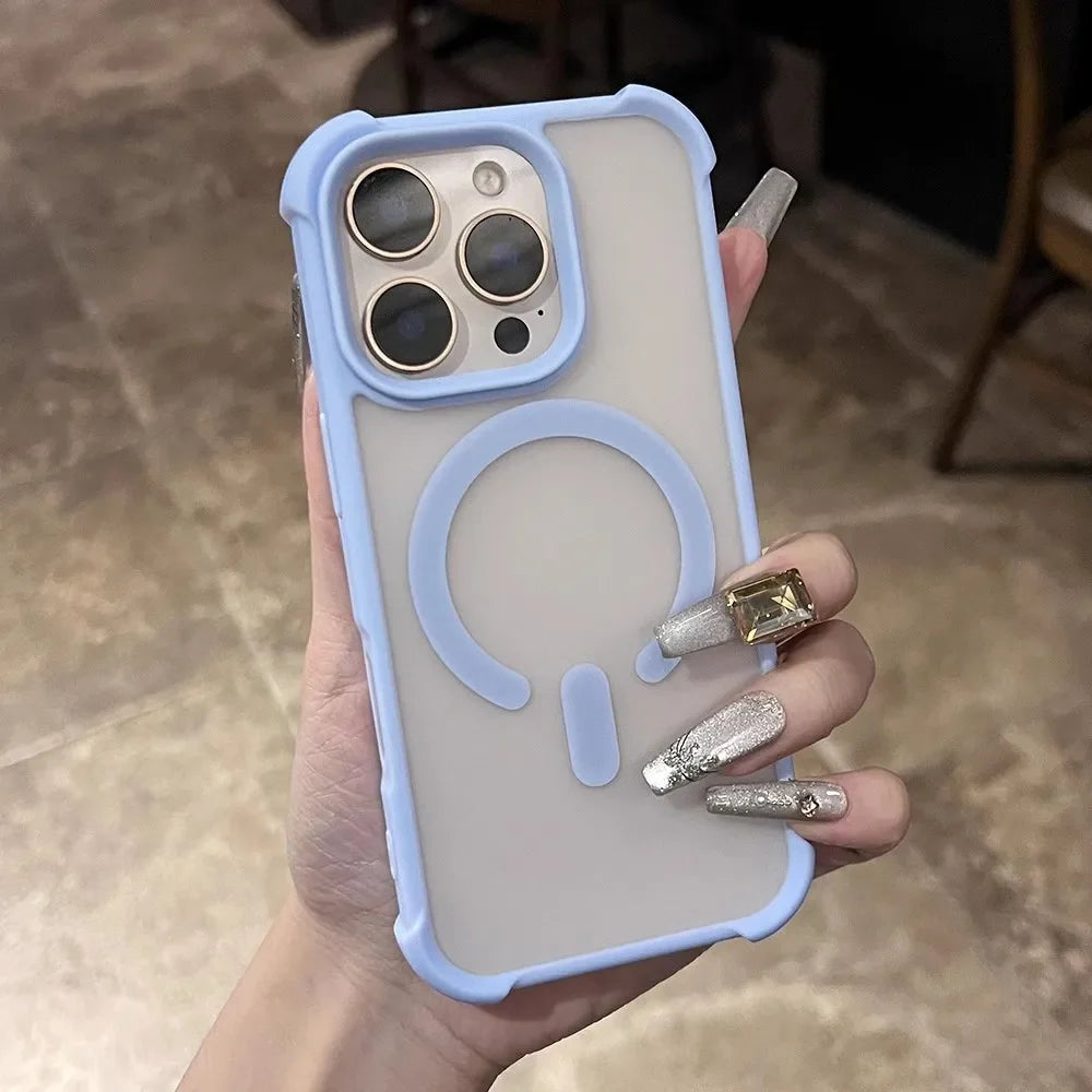 Light blue iPhone case with a frosted transparent back and MagSafe ring.