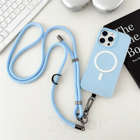 Light blue iPhone case with lanyard.