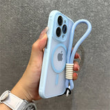 Light blue iPhone case with wrist strap.