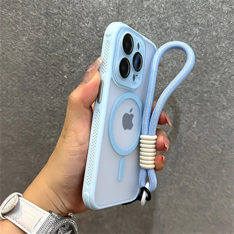 Light blue iPhone case with wrist strap.