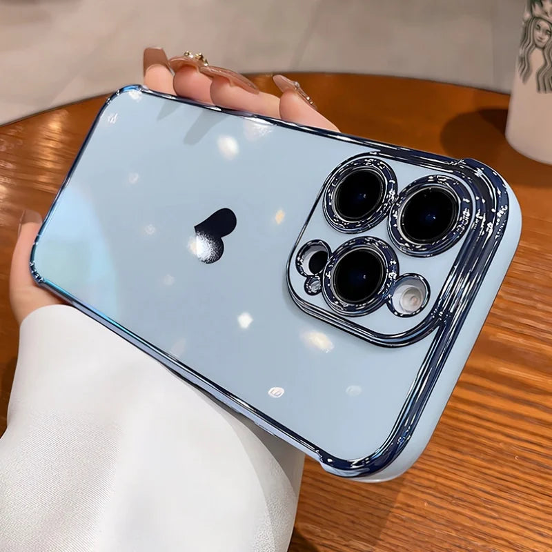 Light blue iPhone with a clear, reflective case and a prominent camera array.