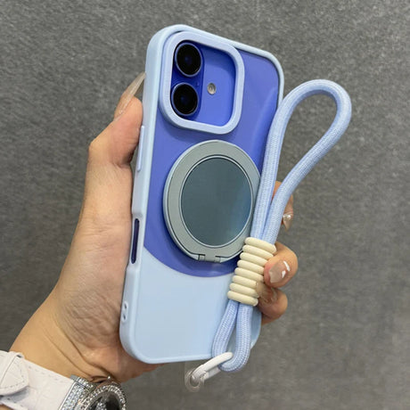 Light blue and lavender phone case with a mirror ring holder and a detachable rope strap.