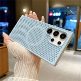 Light blue perforated smartphone case with multiple camera cutouts.