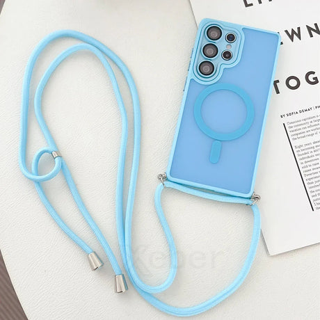Light blue phone case with lanyard.