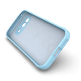 A light blue phone case with cutouts for cameras and side buttons.