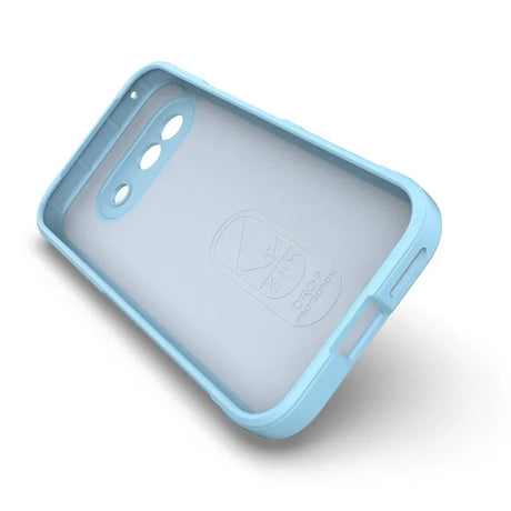 A light blue phone case with cutouts for cameras and side buttons.