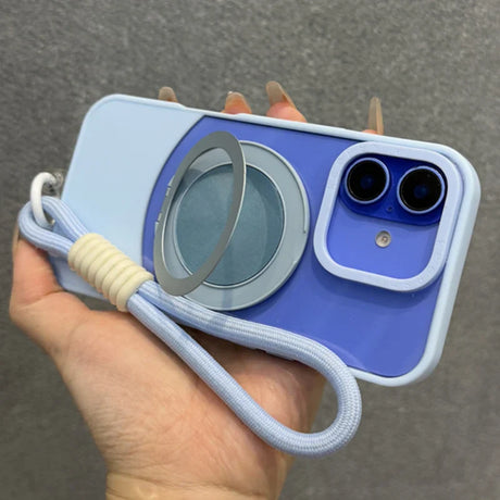 Light blue and purple camera-style iPhone case with a wrist strap and kickstand.