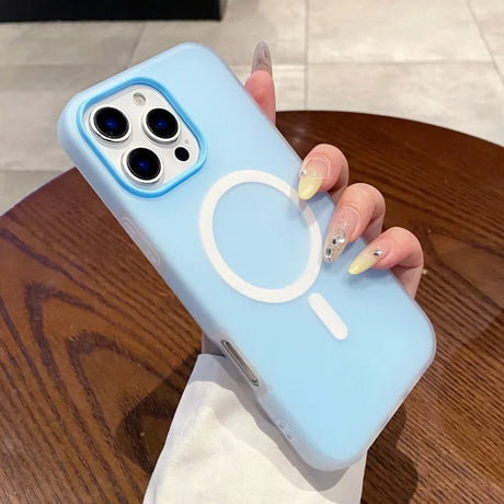 Light blue silicone phone case with a Magsafe ring and a camera bump.