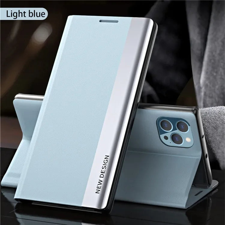 Light blue smartphone case with a flip cover and triple camera setup.