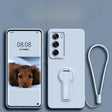 A light blue smartphone with a matching case featuring a camera module and a kickstand.