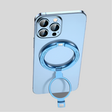 Light blue smartphone with a circular magnetic attachment and multiple camera lenses.