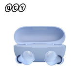 Light blue wireless earbuds and charging case.