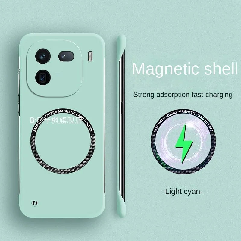 Light cyan smartphone case with a magnetic charging ring and multiple camera lenses.