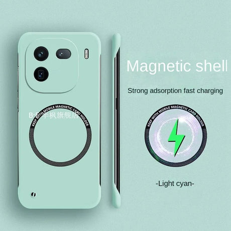 Light cyan smartphone case with a magnetic charging ring and multiple camera lenses.