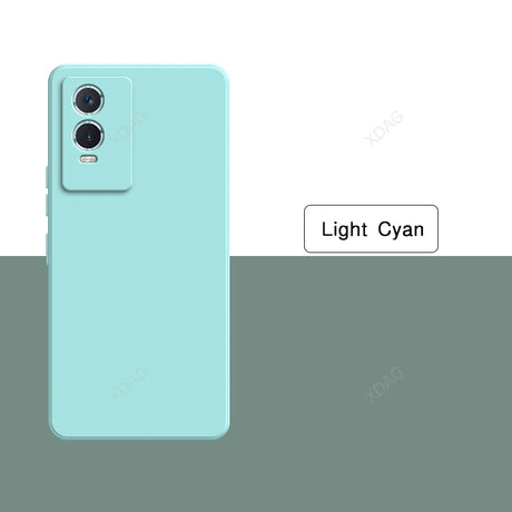 Light cyan smartphone with dual rear cameras.