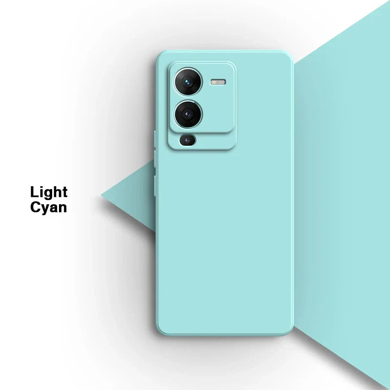 Light cyan smartphone with a prominent dual-camera setup.