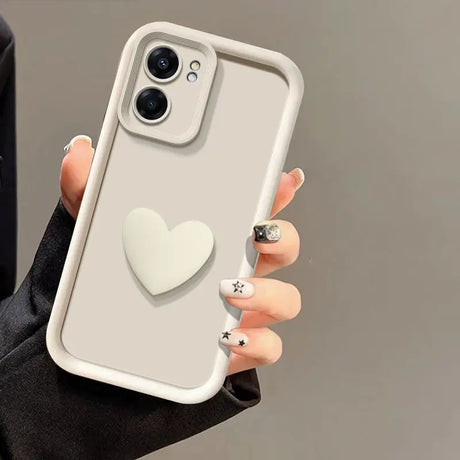 Light gray phone case with a heart-shaped grip and dual camera cutouts.