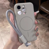 Light gray smartphone case with a built-in lanyard and camera cutouts.