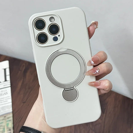 Light grey iPhone case with a silver metallic ring stand.