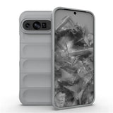 Light grey smartphone in a protective case with a camera bar and a screen displaying a cracked glass design.