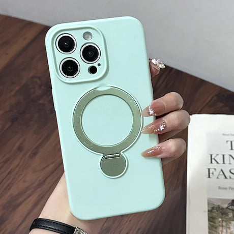 Light mint green iPhone case with a built-in magnetic ring holder and stand.