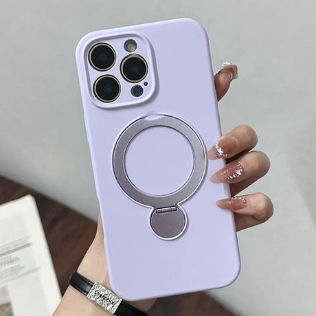 A light purple iPhone case with a built-in silver ring holder and stand.