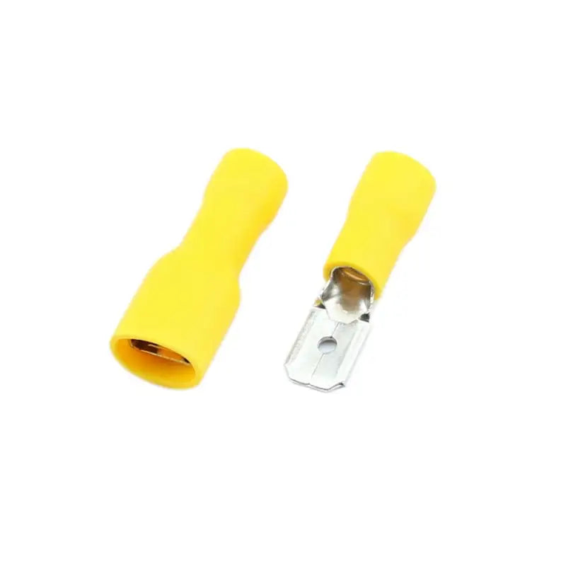 a pair of yellow plastic screws