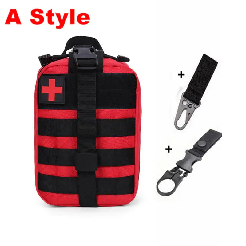 a red and black first aid kit with a black strap