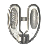 a close up of a metal buckle with a white background