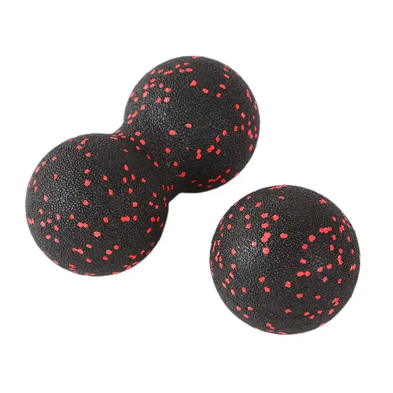 three black and red polka dot balls