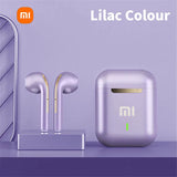 Lilac-colored wireless earbuds with a matching charging case.