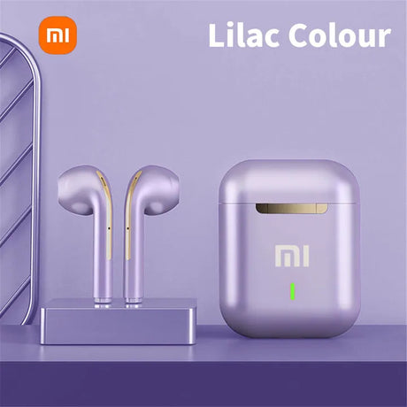 Lilac-colored wireless earbuds with a matching charging case.