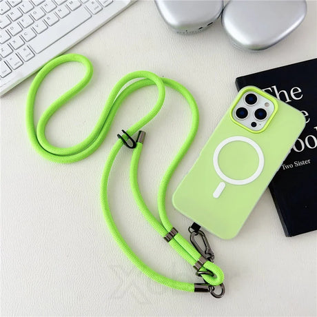 Lime green phone case with matching lanyard.