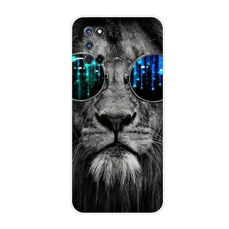 a close up of a cell phone with a lion wearing sunglasses