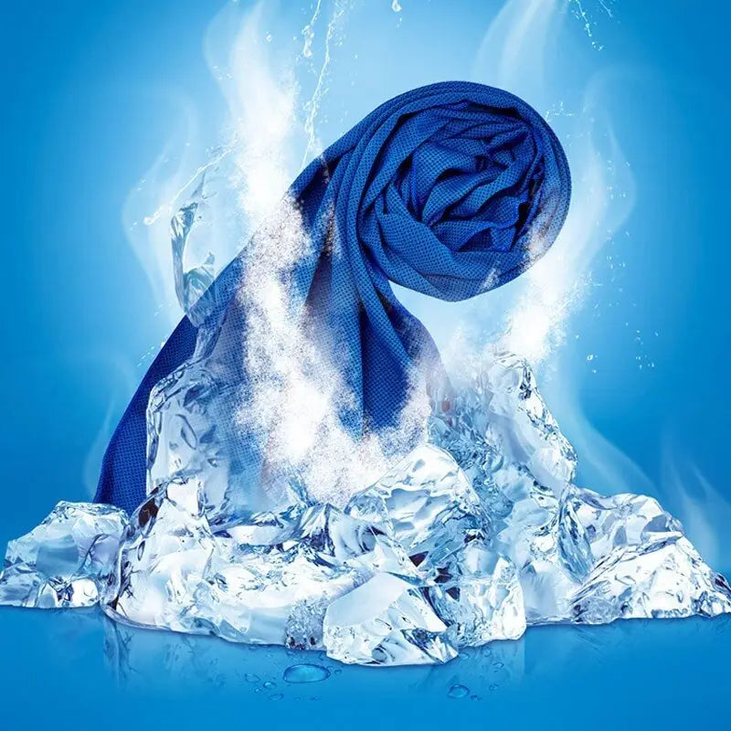 a blue scarf is on top of a pile of ice