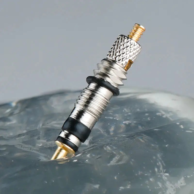 there is a silver and gold pen sitting on top of a piece of ice