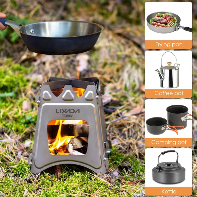 a camp stove with a pot and pan on it