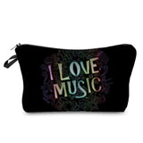a black cosmetic bag with the words love music in neon colors