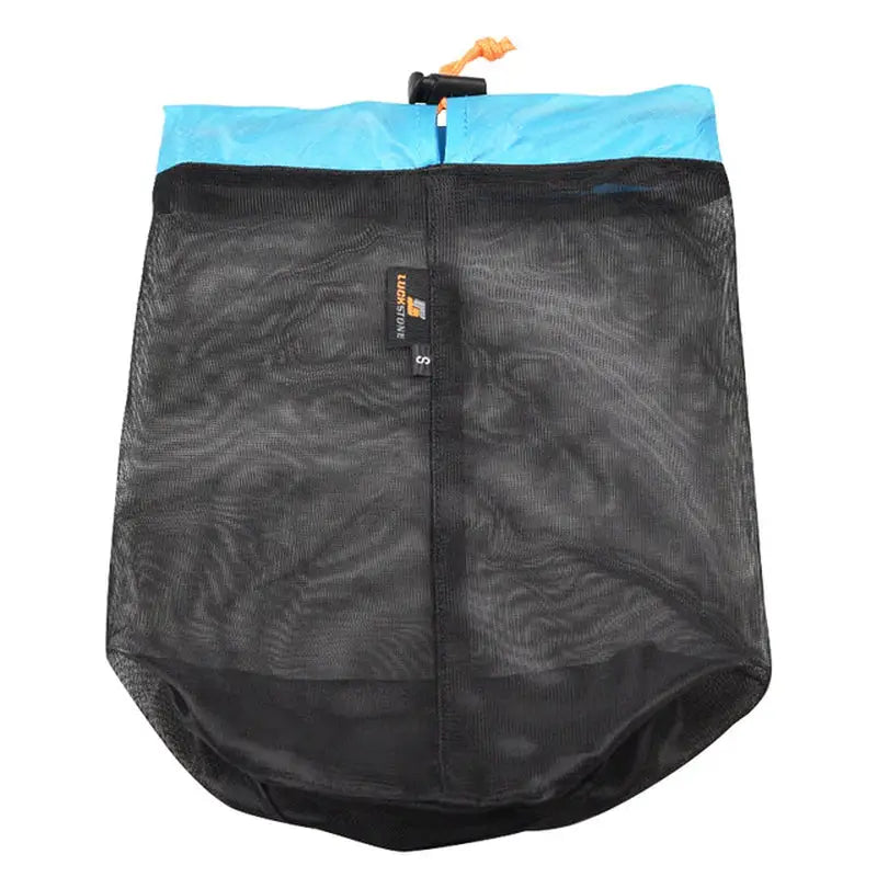 the dog bag is a large, black mesh bag with a blue lining