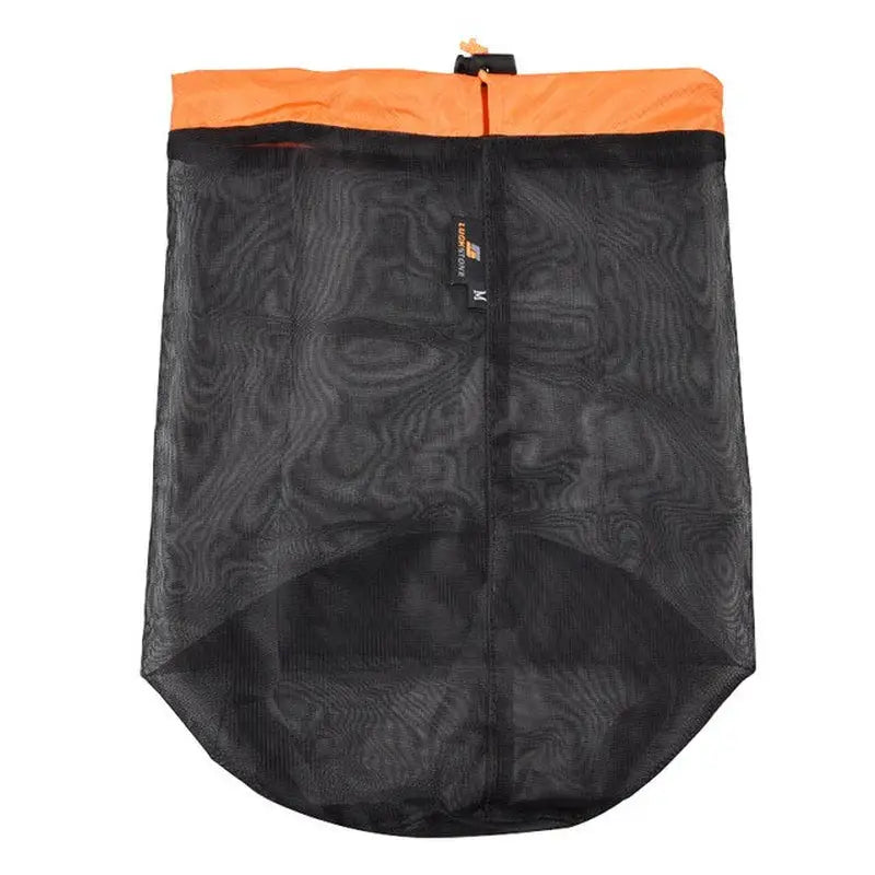 the dog bag is a large, black mesh bag with orange trim