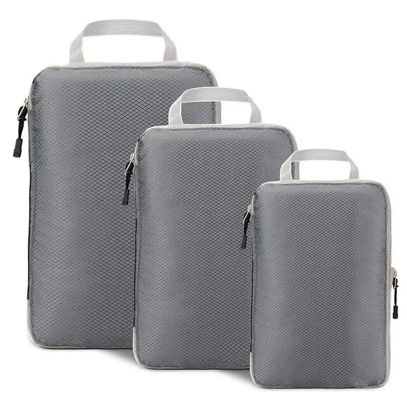 three pieces of luggage are shown in a row on a white background