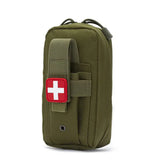 the first aid pouch is a small, green pouch with a red cross on the front