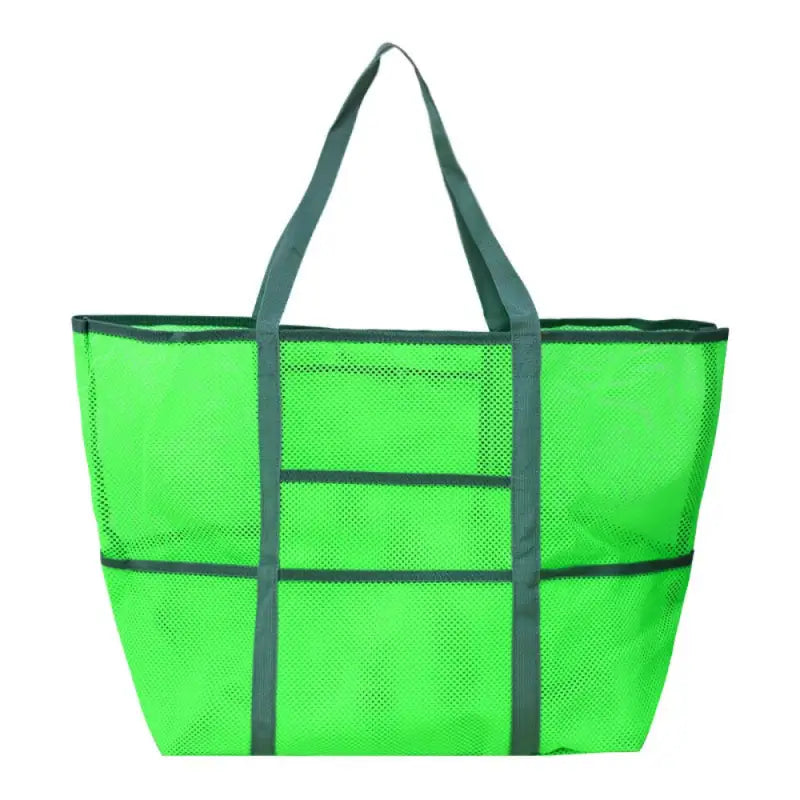 a green mesh tote bag with black trim
