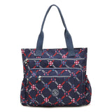 a blue and red bag with a pattern on it