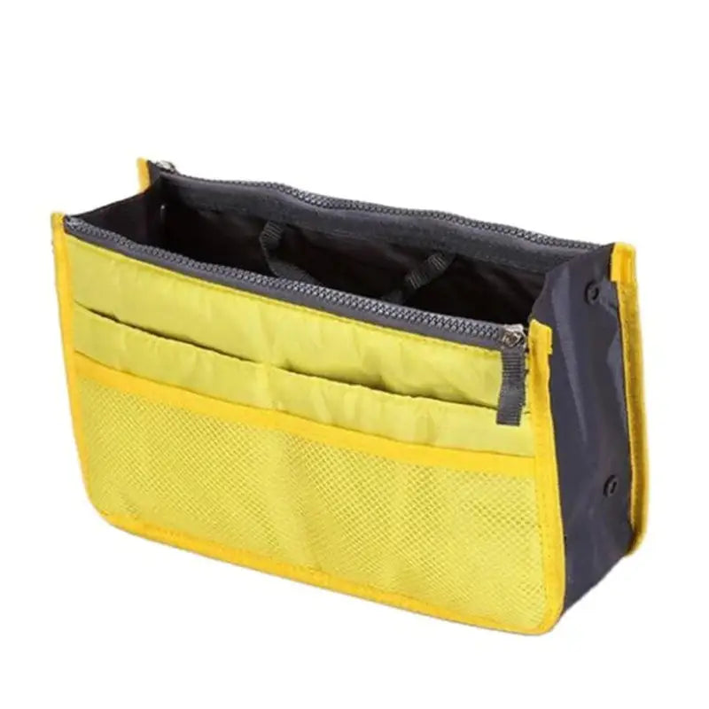 a yellow and black bag with a zipper